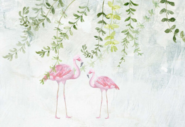 Dos flamencos rosas con hojas verdes Dos flamencos rosas con hojas verdes