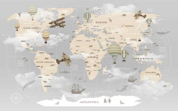 Mapa del mundo con aviones y globos aerostáticos Mapa del mundo con aviones y globos aerostáticos