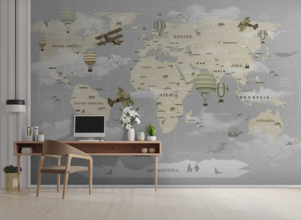Mapa del mundo con aviones y globos aerostáticos Mapa del mundo con aviones y globos aerostáticos