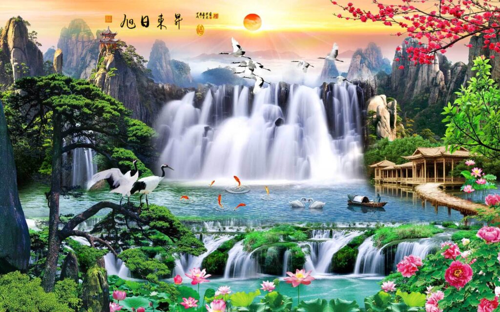 Cascada con pájaros y flores Cascada con pájaros y flores