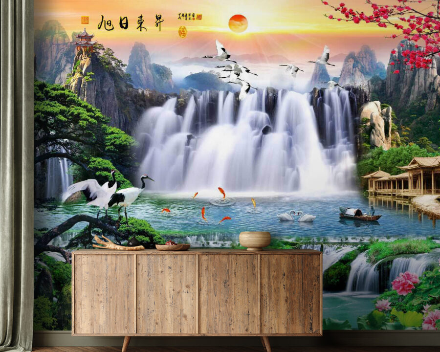 Fotomurales Cascada con pájaros y flores - Imagen 2
