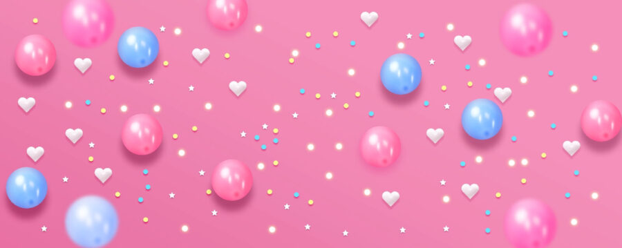 Fondo rosa con globos y estrellas blancas y azules