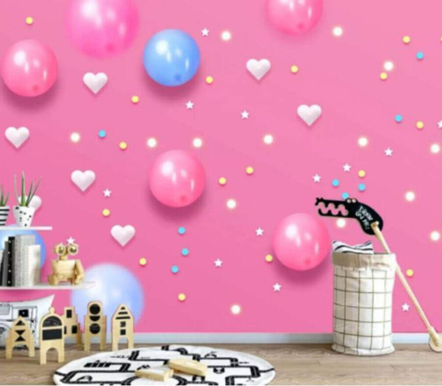 Fondo rosa con globos y estrellas blancas y azules