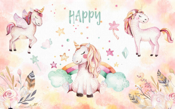 Group of unicorns and rainbows