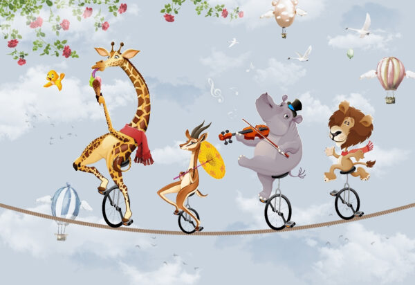 Group of animals riding unicycle