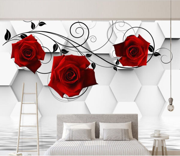 Papel pintado con rosas rojas y enredaderas negras