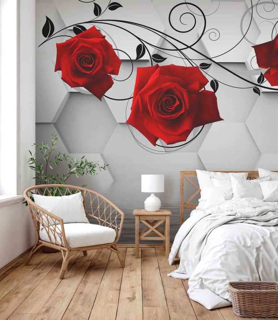 Papel pintado con rosas rojas y enredaderas negras