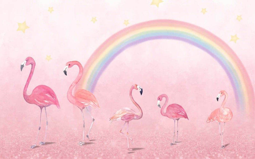Grupo de flamencos con un arco iris Grupo de flamencos con un arco iris