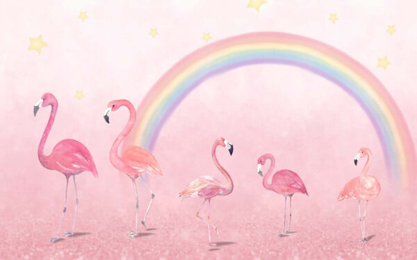 Grupo de flamencos con un arco iris Grupo de flamencos con un arco iris