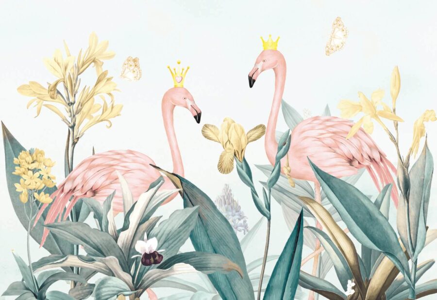 Grupo de flamencos con coronas y flores