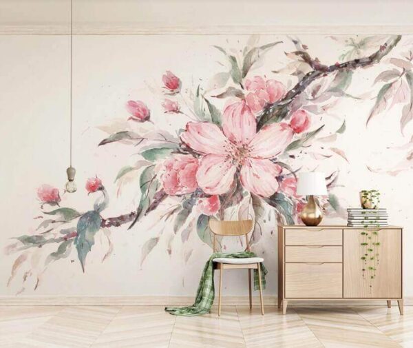 Fotomurales Fotomurales Pintura de flores rosas en una rama (SKU: u29797)