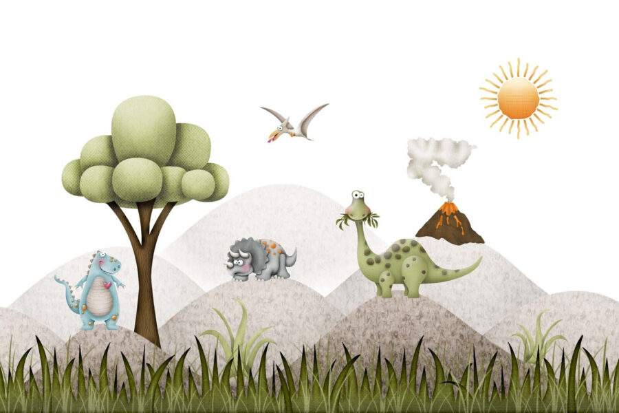 Dinosaurios de dibujos animados en un paisaje