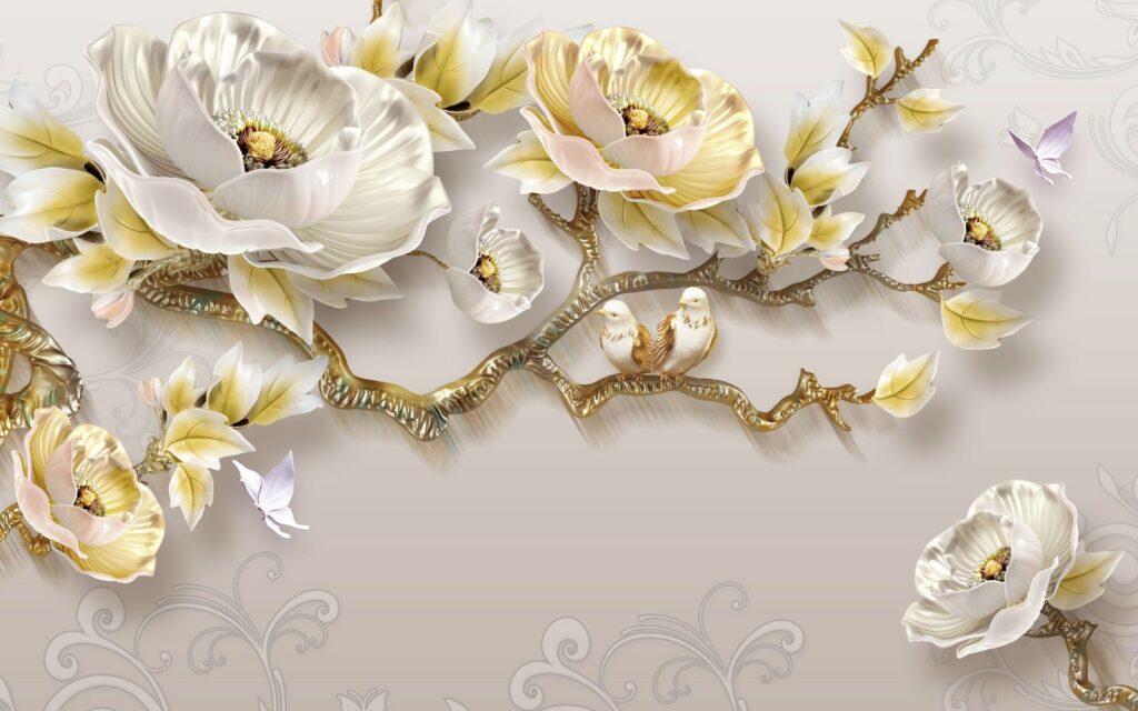 Papel pintado con flores y pájaros Papel pintado con flores y pájaros