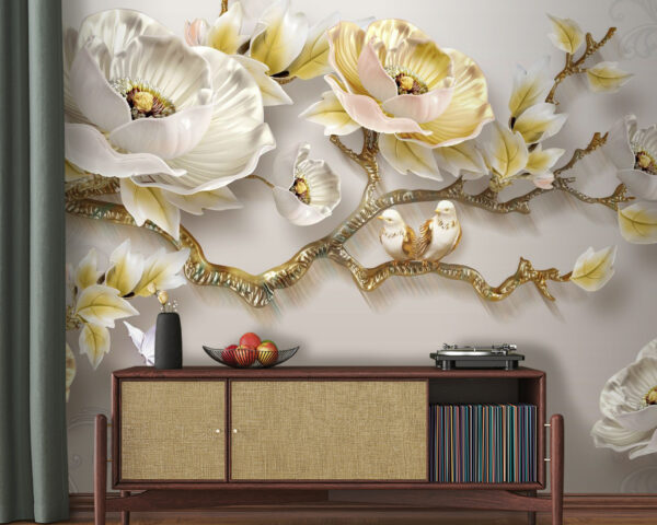 Papel pintado con flores y pájaros Papel pintado con flores y pájaros
