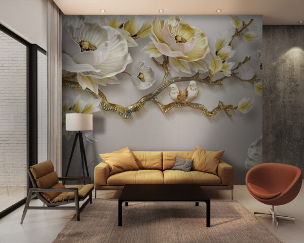 Papel pintado con flores y pájaros Papel pintado con flores y pájaros