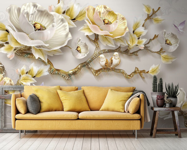 Papel pintado con flores y pájaros Papel pintado con flores y pájaros