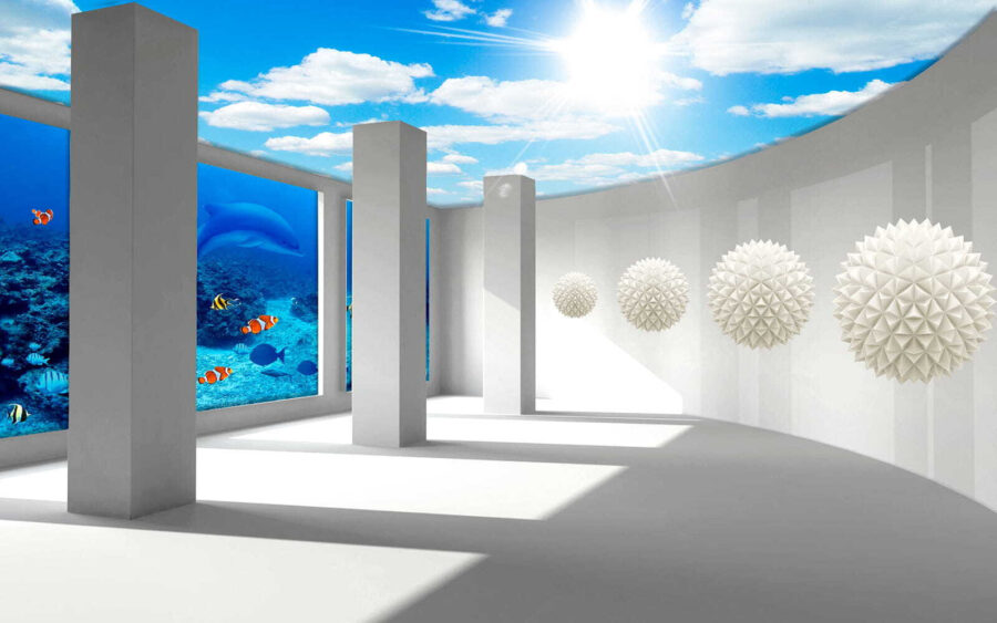 Sala con columnas y peces y peces