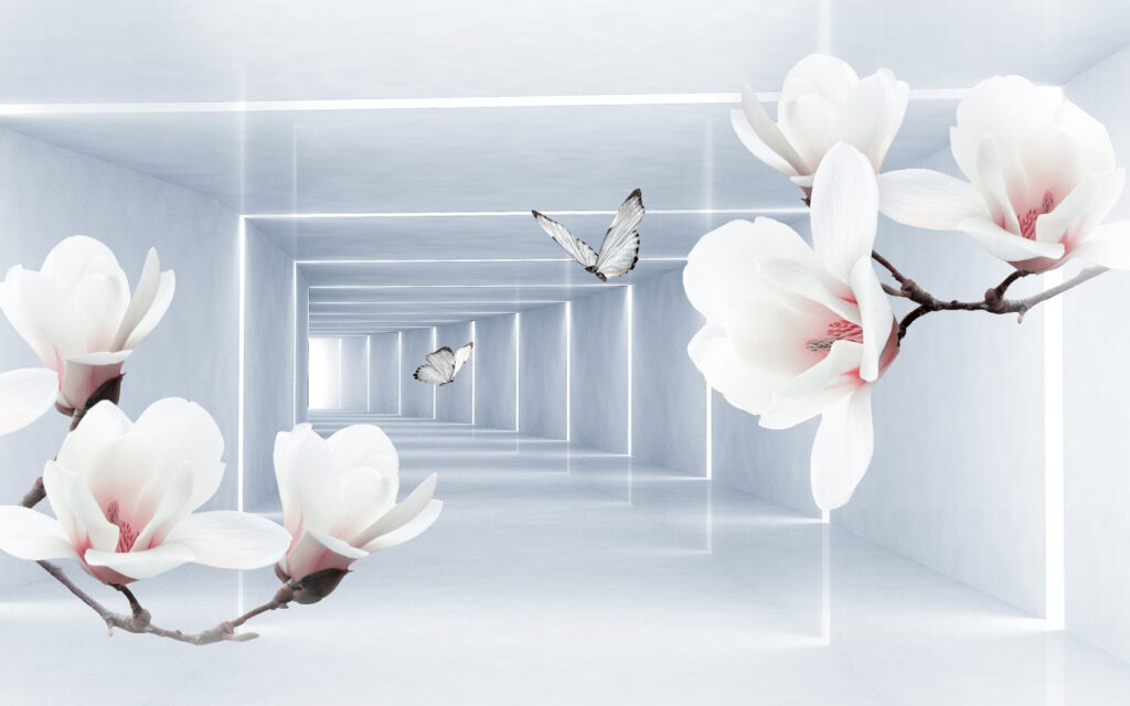Flores blancas y mariposas en una habitación Flores blancas y mariposas en una habitación