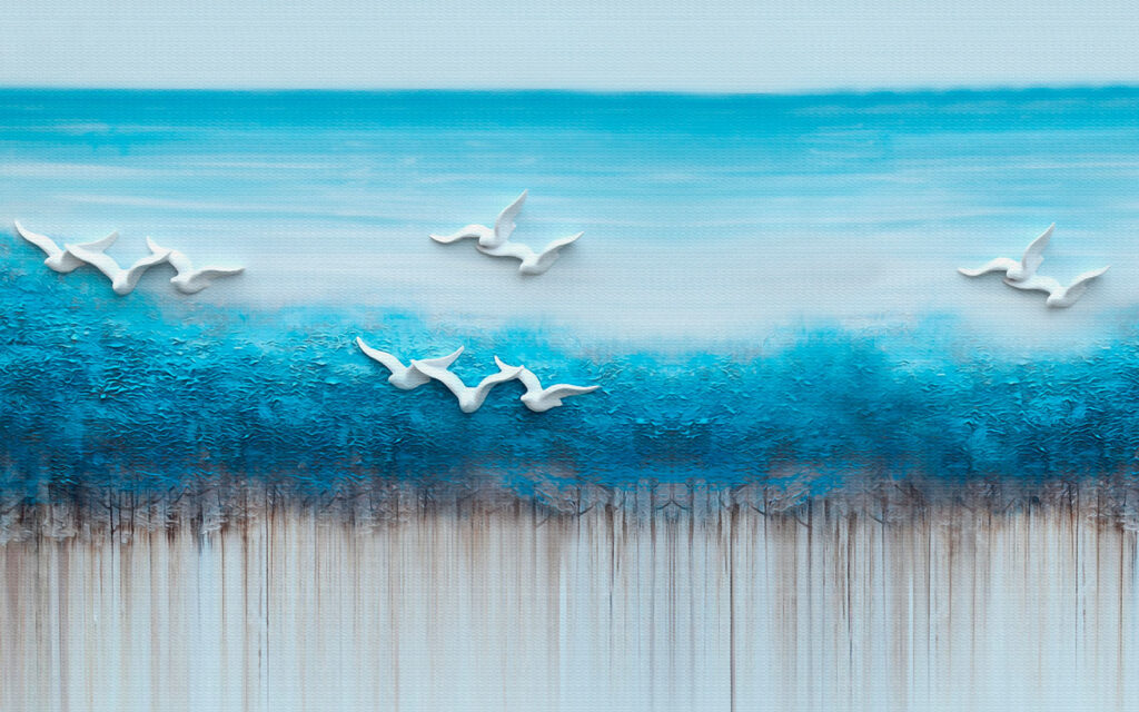 Pintura de pájaros volando sobre un océano azul Pintura de pájaros volando sobre un océano azul