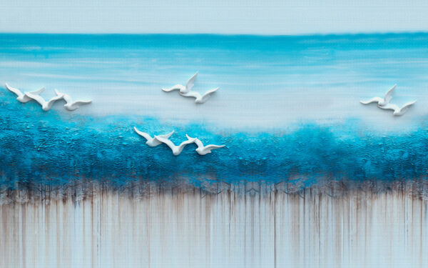 Pintura de pájaros volando sobre un océano azul Pintura de pájaros volando sobre un océano azul