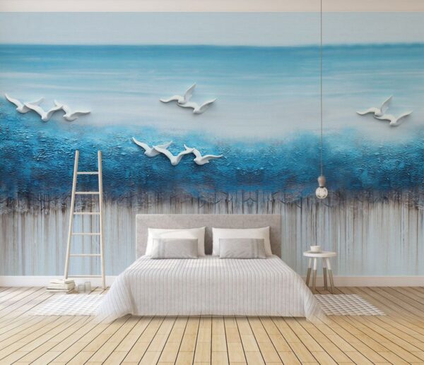 Pintura de pájaros volando sobre un océano azul Pintura de pájaros volando sobre un océano azul