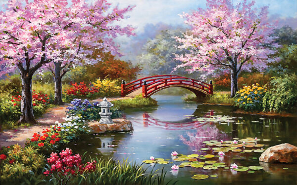Pintura de un estanque con un puente y flores u35418p 600x375 - Pintura de un estanque con un puente y flores