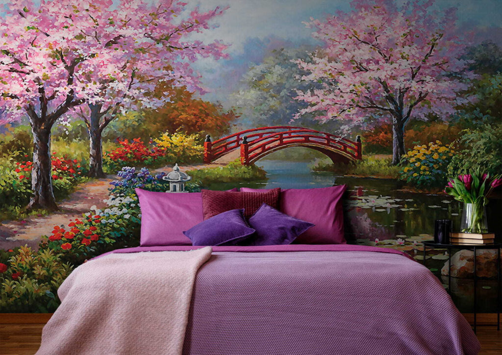 Pintura de un estanque con un puente y flores u35418pib1 1024x724 - Pintura de un estanque con un puente y flores
