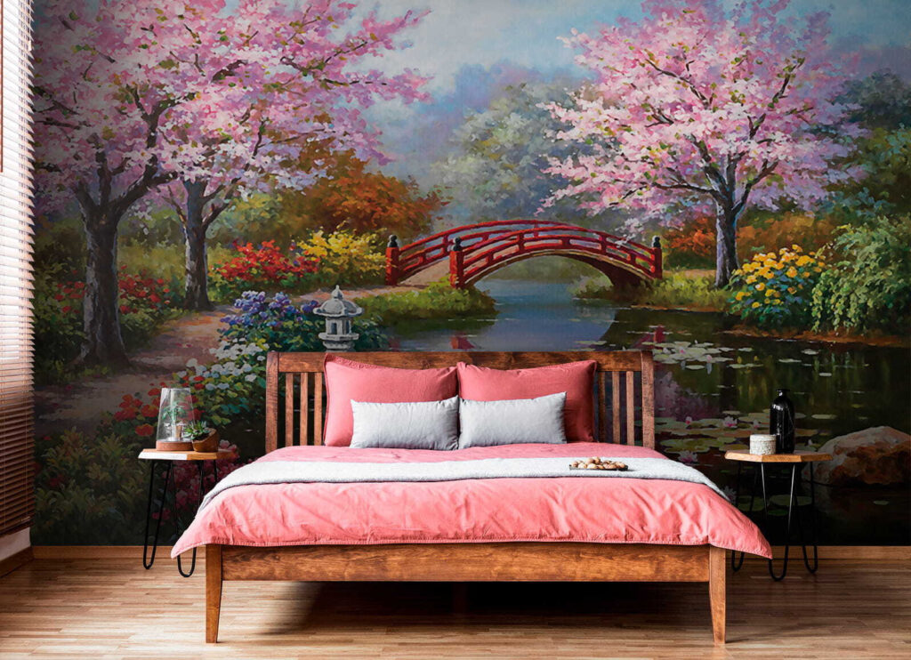 Pintura de un estanque con un puente y flores u35418pib2 1024x742 - Pintura de un estanque con un puente y flores