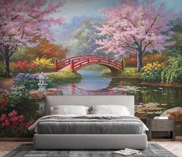 Pintura de un estanque con un puente y flores u35418pib3 600x517 - Pintura de un estanque con un puente y flores