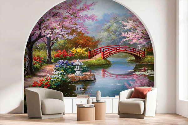 Pintura de un estanque con un puente y flores u35418pig1 600x400 - Pintura de un estanque con un puente y flores