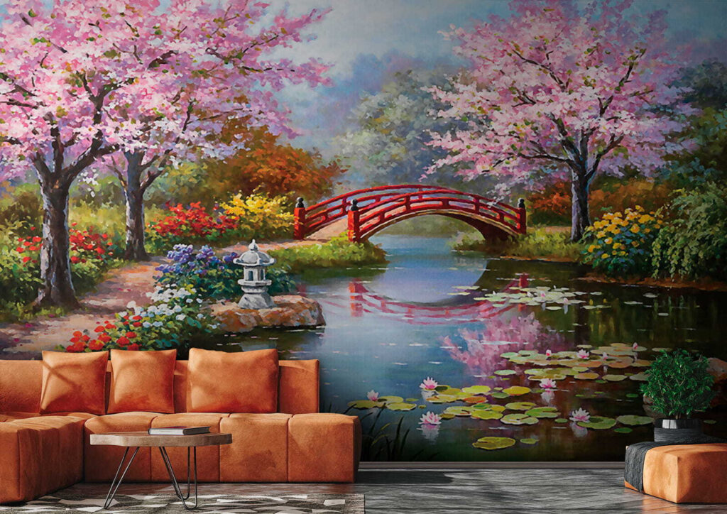 Pintura de un estanque con un puente y flores u35418pig2 1024x724 - Pintura de un estanque con un puente y flores