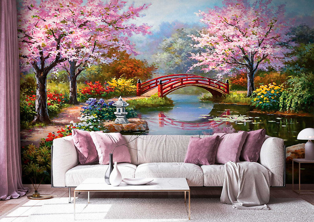 Pintura de un estanque con un puente y flores u35418pig3m 1024x723 - Pintura de un estanque con un puente y flores