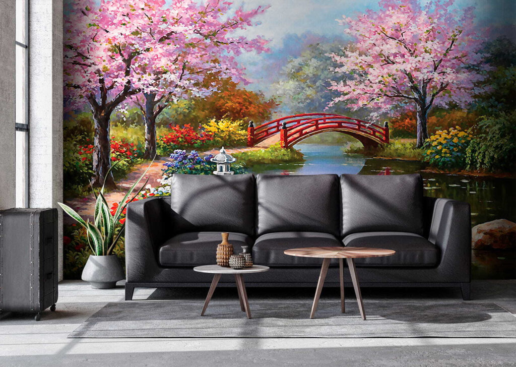 Pintura de un estanque con un puente y flores u35418pig4 1024x728 - Pintura de un estanque con un puente y flores