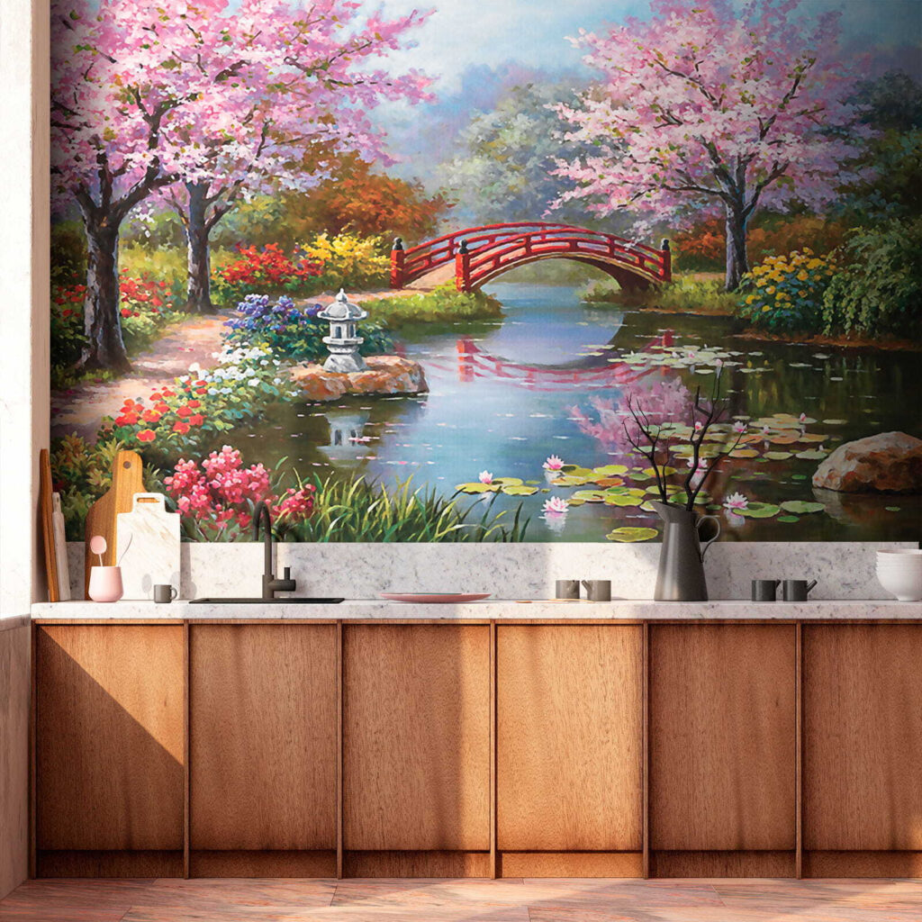 Pintura de un estanque con un puente y flores u35418pik2 1024x1024 - Pintura de un estanque con un puente y flores