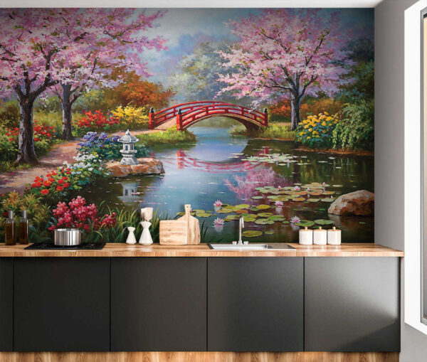 Pintura de un estanque con un puente y flores u35418pik3 600x509 - Pintura de un estanque con un puente y flores