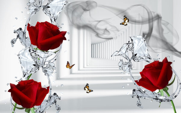 Rosas rojas y mariposas en un vaso Rosas rojas y mariposas en un vaso