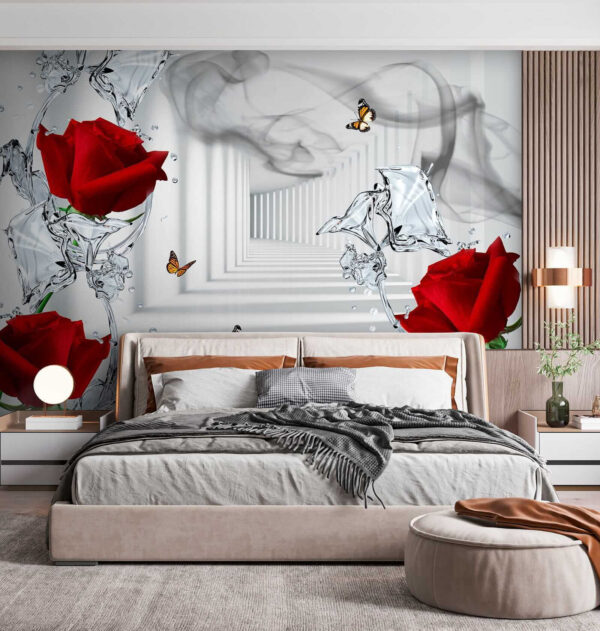 Rosas rojas y mariposas en un vaso Rosas rojas y mariposas en un vaso