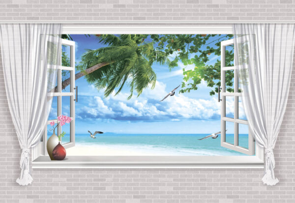 Ventana con vistas a la playa y a los pájaros Ventana con vistas a la playa y a los pájaros