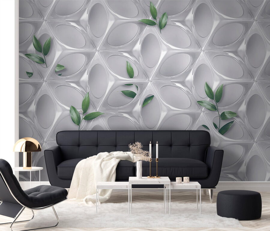 Pared blanca con hojas verdes