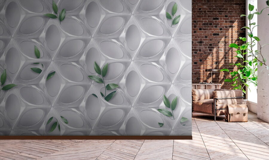 Pared blanca con hojas verdes