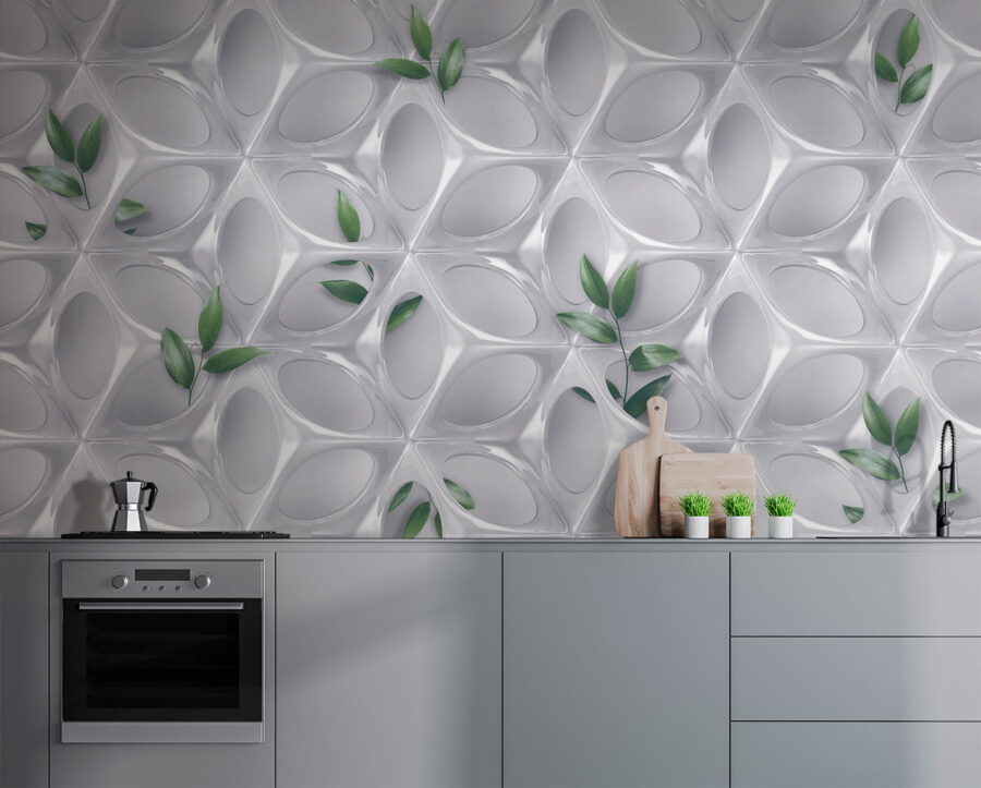 Pared blanca con hojas verdes