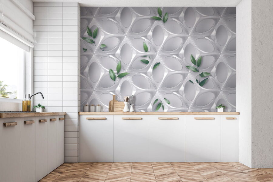 Pared blanca con hojas verdes