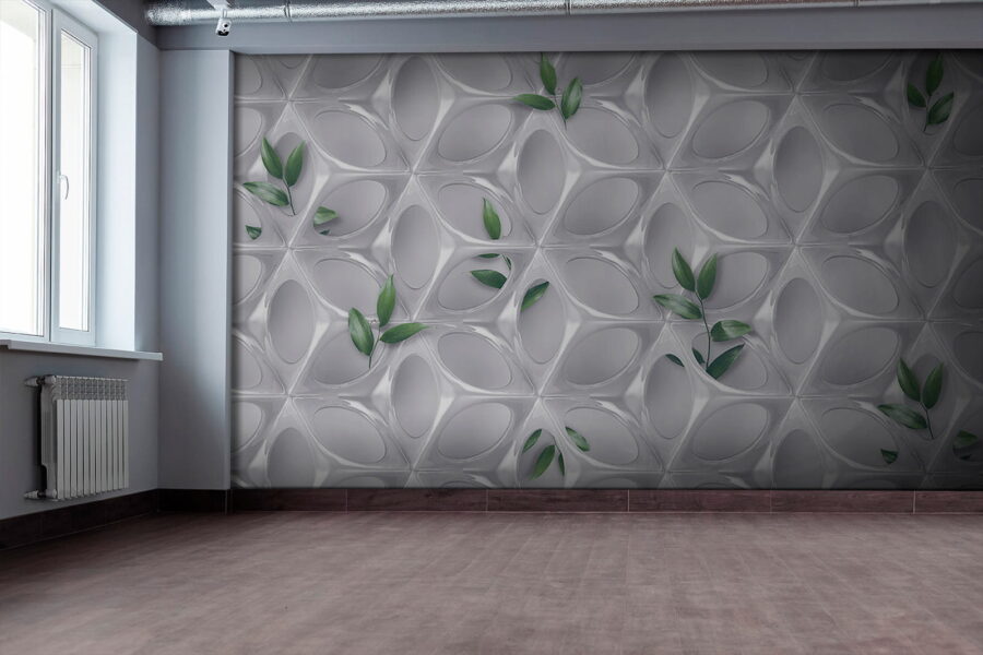 Pared blanca con hojas verdes