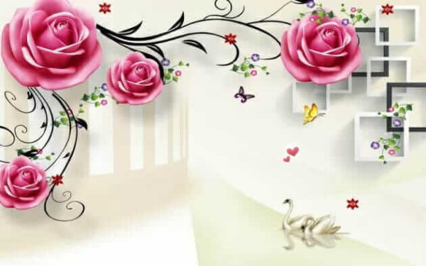 Papel pintado con rosas y pájaros Papel pintado con rosas y pájaros