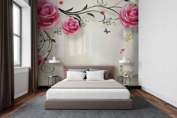 Papel pintado con rosas y pájaros Papel pintado con rosas y pájaros