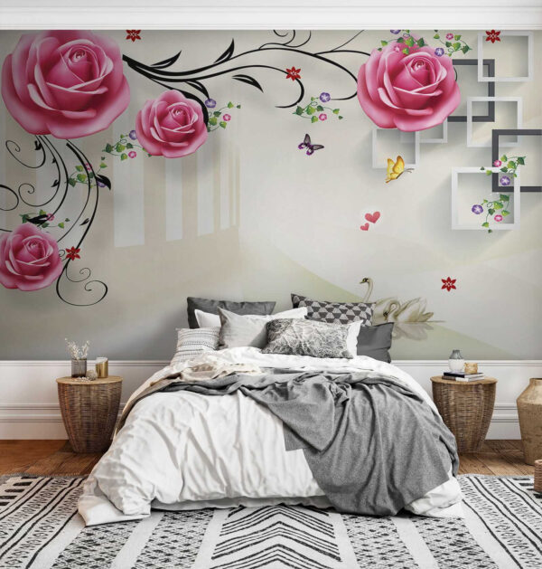 Papel pintado con rosas y pájaros Papel pintado con rosas y pájaros