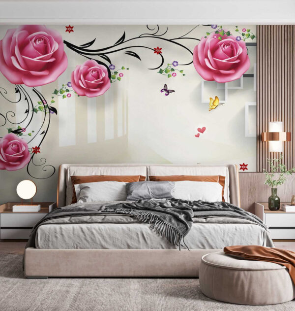 Papel pintado con rosas y pájaros Papel pintado con rosas y pájaros