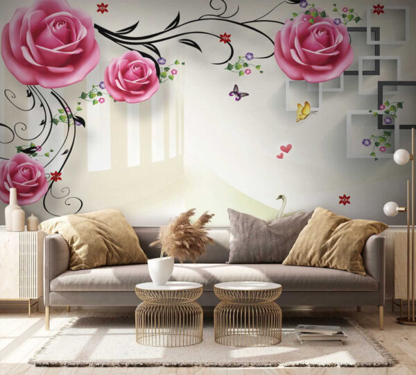 Papel pintado con rosas y pájaros Papel pintado con rosas y pájaros