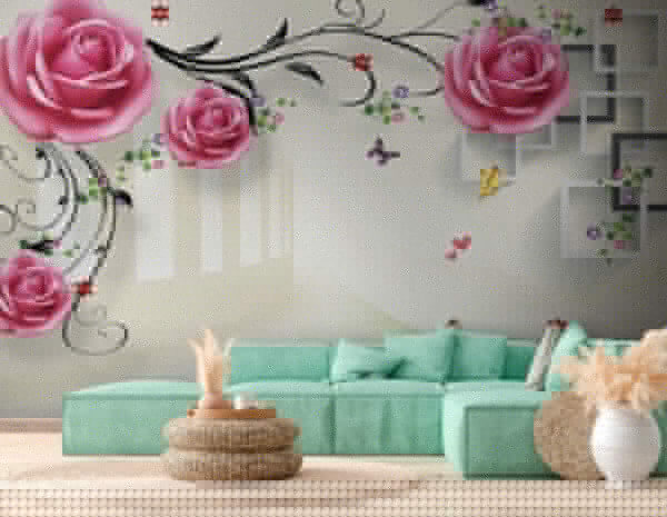 Papel pintado con rosas y pájaros Papel pintado con rosas y pájaros