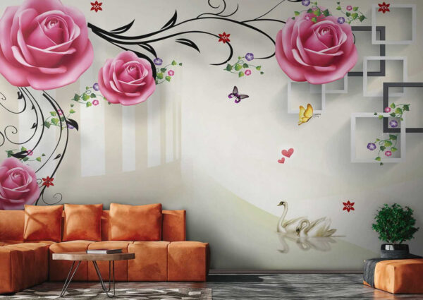 Papel pintado con rosas y pájaros Papel pintado con rosas y pájaros